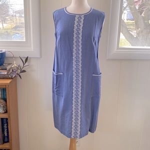 Vintage 60s Chambray Embroidered Shift Dress M